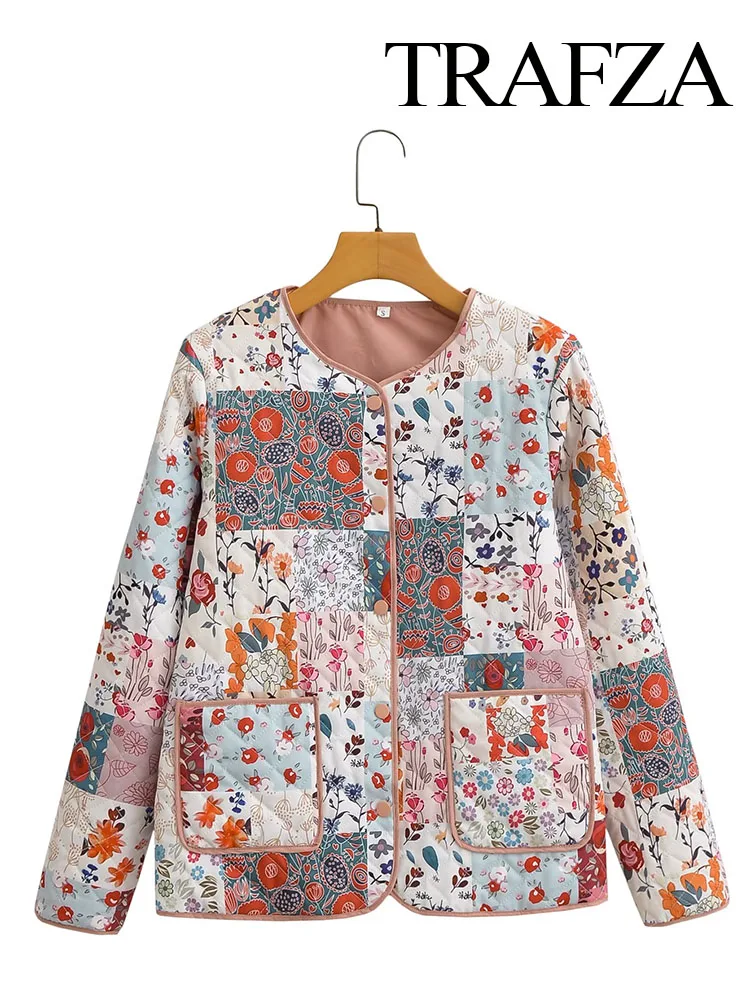 TRAFZA Autumn Women Fashion Floral Print Quilted Jacket O Neck Long Sleeve Female Chic Casual Loose Outerwear Streetwear Mujer