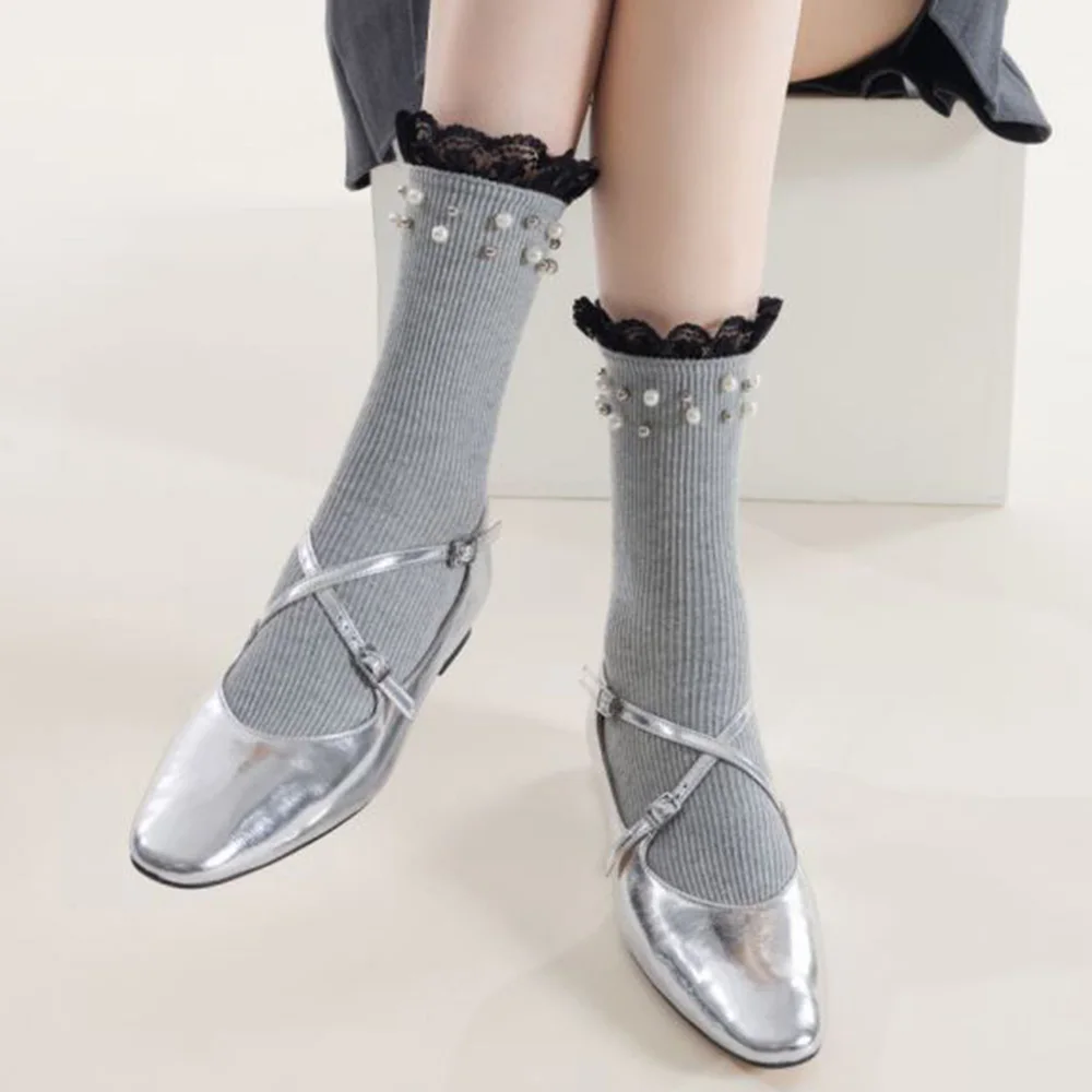 Streetwear Accessories Street Socks Woman Fashion Pearl Decoration Long Socks Cute Contrast Lace Home Korean Style Women Socks