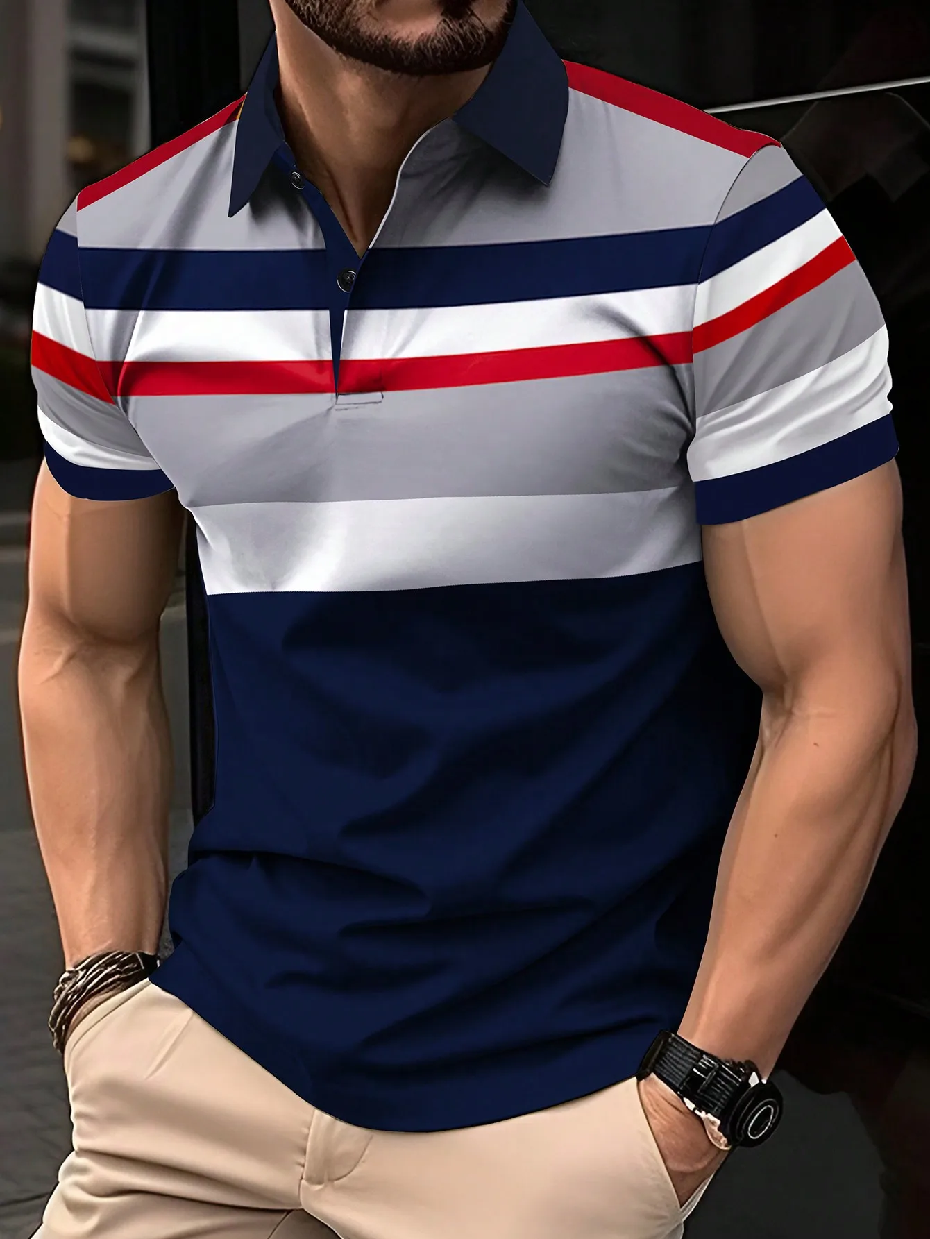 

Men's Short Sleeve Striped Color Block Polo Shirt for Summer Casual Wear