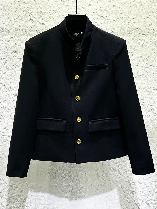 

Новый китайский мужской костюм с воротником-стойкой и металлическими пуговицами, черный, для выступлений, повседневный, модный, весенний.