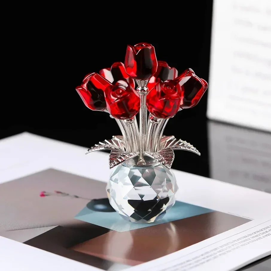 Ramo Rosas Rojas Cristal Jarrón Redondo, Figuritas Adorno Regalo Mujeres Románticos Elegante Único
