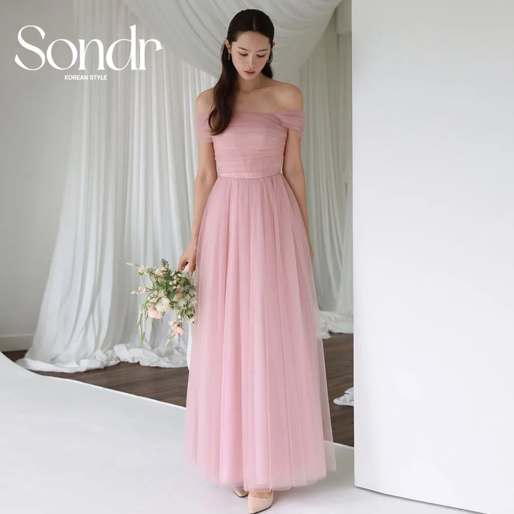 

Sondr Pink Elegant Korean Evening Dresses Off the Shoulder A Line Floor-Length Women Party Gown Customized Prom Dress Corset