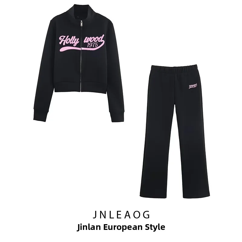 

JNLEAOG Autumn New Women's Faion Zipper Sweatirt And Long Pants Matching Design Versatile Striped Patterned Fce Bell B...