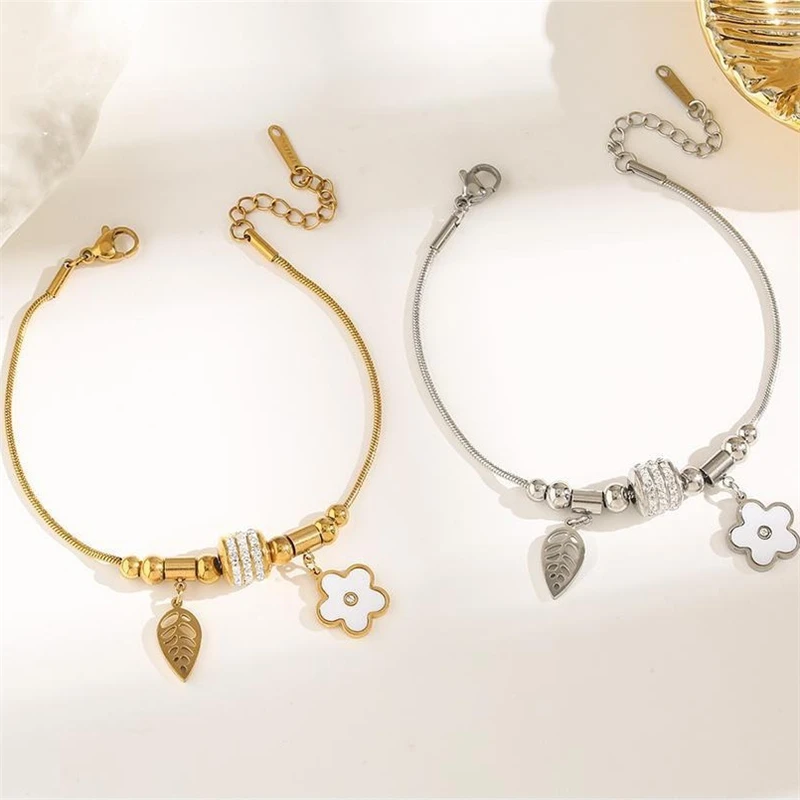 316L Stainless Steel New Fashion Fine Waterproof Jewelry Zircon Beads Leaf Seashell Flower Charm Snake Chain Bracelets For Women