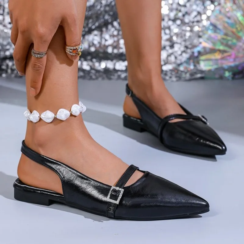 

Women Leather Pu Casual Sandals Girl Fashion Slip on Flats Heels Ladies Pointed Toe Elegant Slingback Sandals Plus Size 41 42