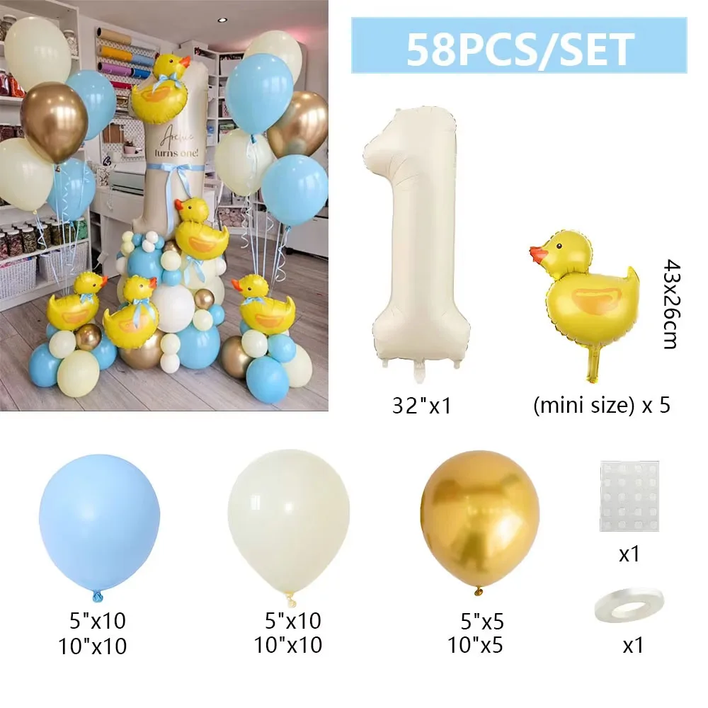 58pcs Mini Duck Balloon Arch Garland Kit 32inch Cream Color Number Blue Latex Balloons for Boy Girl Birthday Party Decor