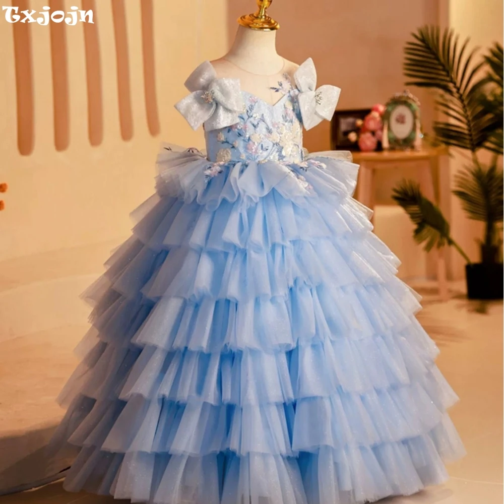 Cute Sweet Kids Tiered Ball Gown Long Birthday Wedding Party Shiny Sequins Lace Up Dresses For Girls School Activities