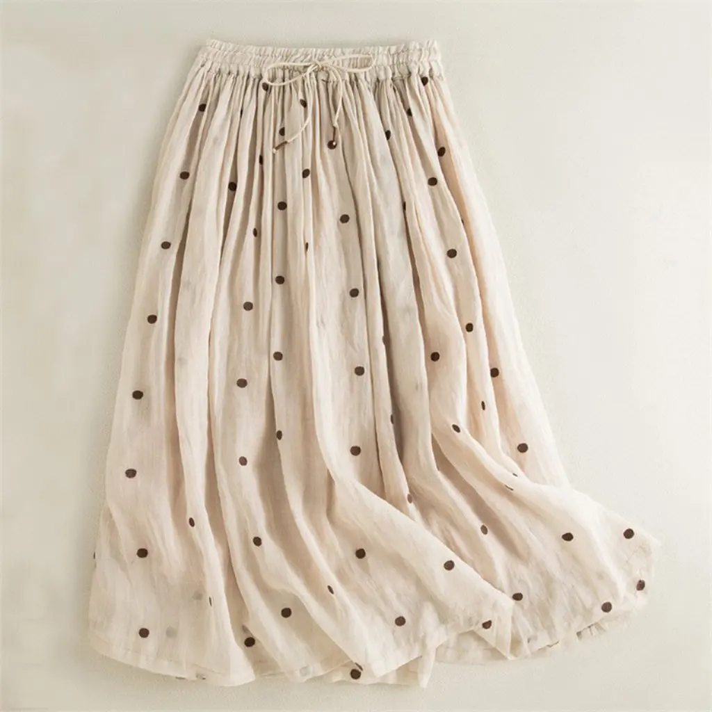 

Women's Cotton Linen Skirt Elastic Waist Polka Dot Swing Pleated Spring Summer New Fashion by