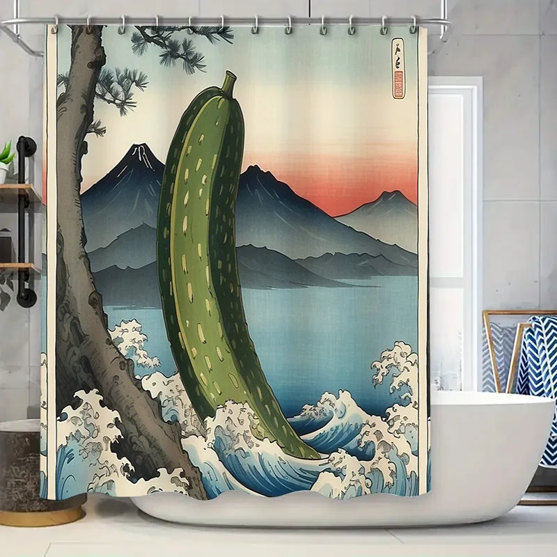 

Japanese Wave Cucumber Shower Curtain Washable Anime Beach Decor Japanese Art Bathroom Curtains Home Decor Trendy Gift Unique St