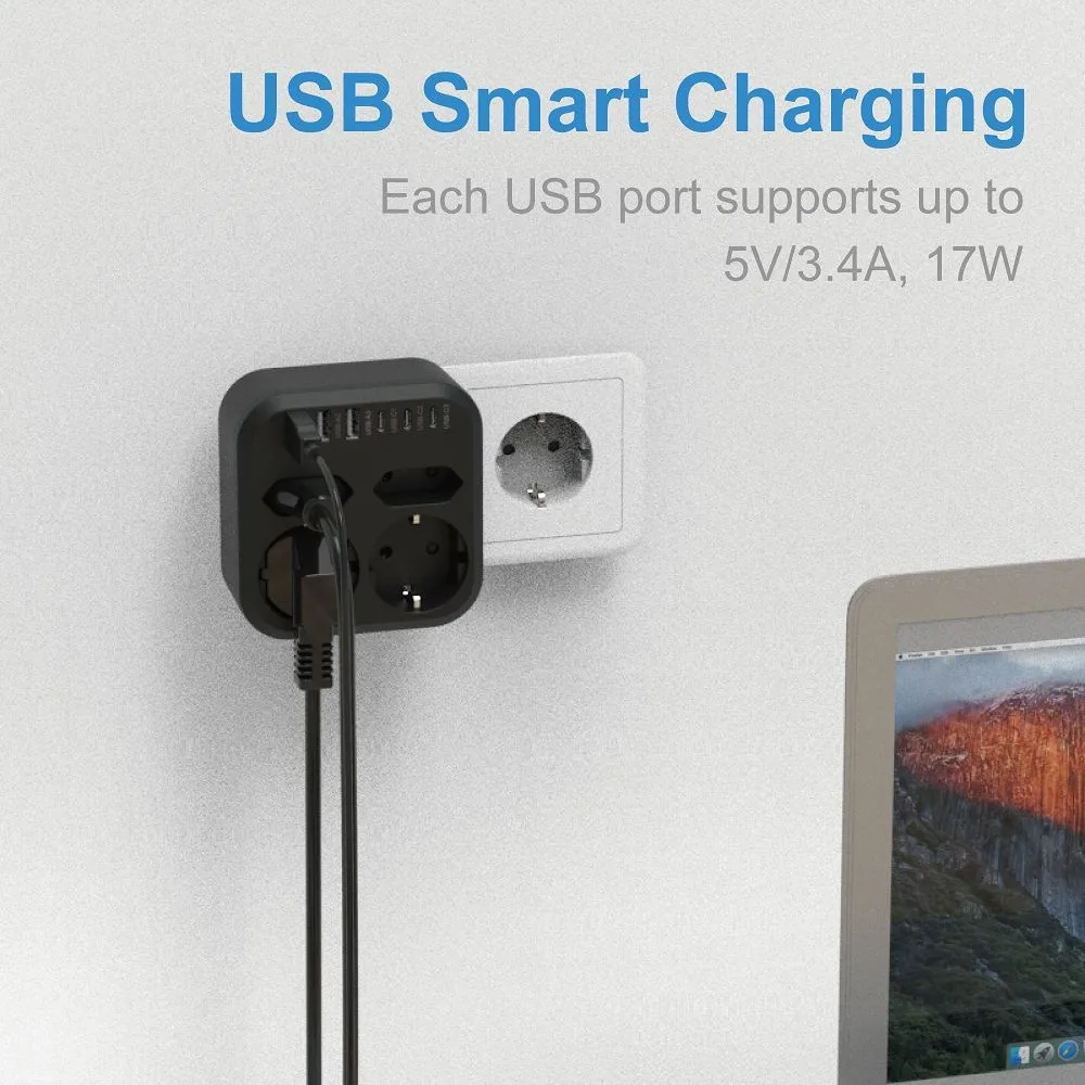 10 IN 1 3500W EU Plug Power Strip With 4AC Outlets 6USB 17W Fast Charging 7 Safety System For Home