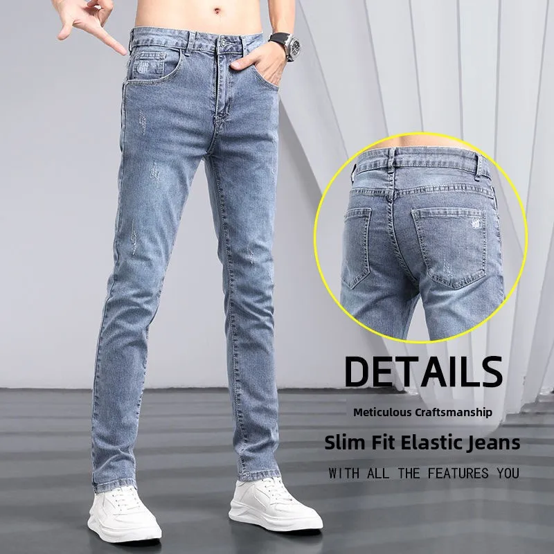 

Spring 2026 Light Wash Men's Jeans Youth Trendy Slim Fit Elastic Ankle Korean Style Versatile Long Pants Straight Leg Jeans