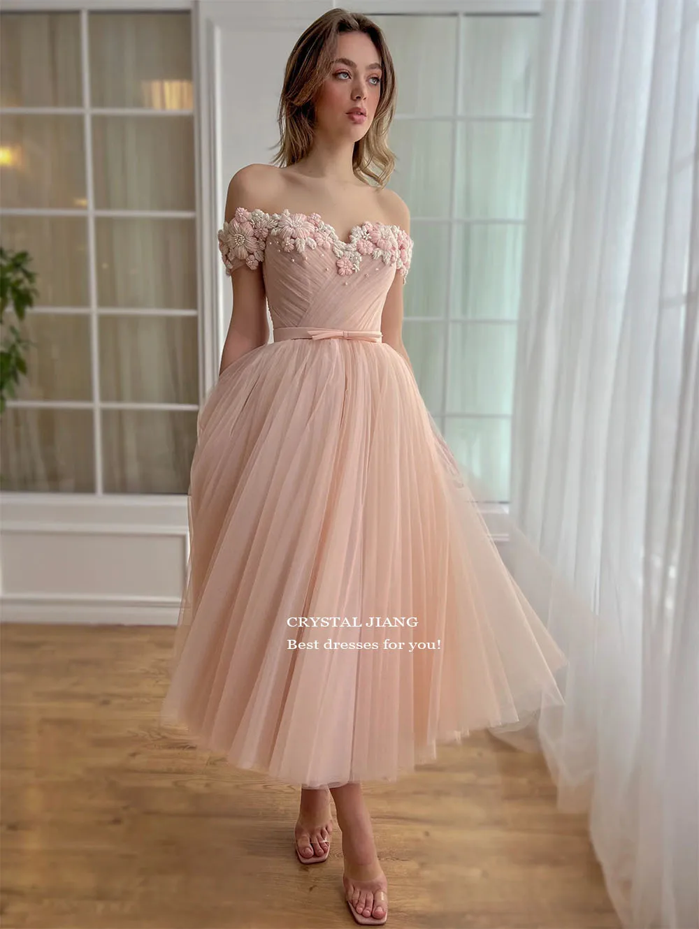 Sweetheart Off the Shoulder Ball Gown Prom Dresses Ankle Length Deliate Beaded Short Wedding Party Dress for Woman