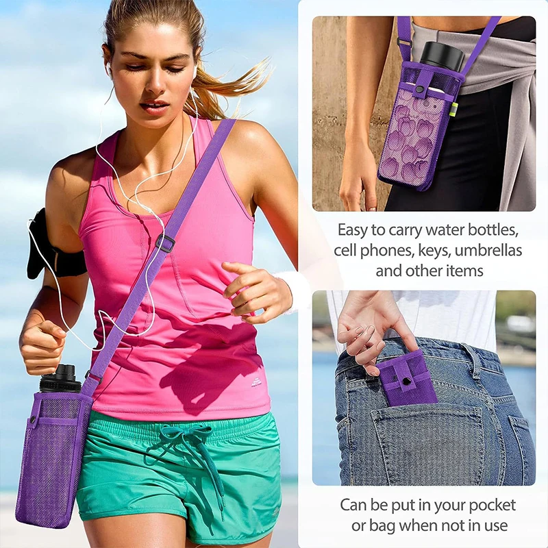 Water Bottle Cover Mobile Phone Bag Outdoor Camping Accessories Mesh Cup Sleeve Bag Sport Portable Visible Bag Adjustable Strap