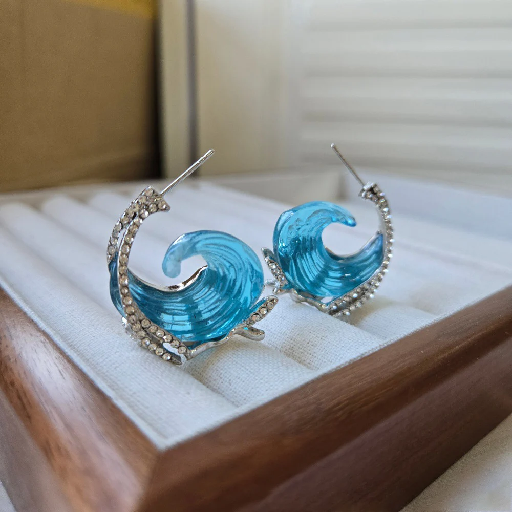 Jewelry for Women Geometry Resin Ocean Wave Earrings Necklace Rings Vintage Boho Sea Blue Dangle Earring Ladies Accessories