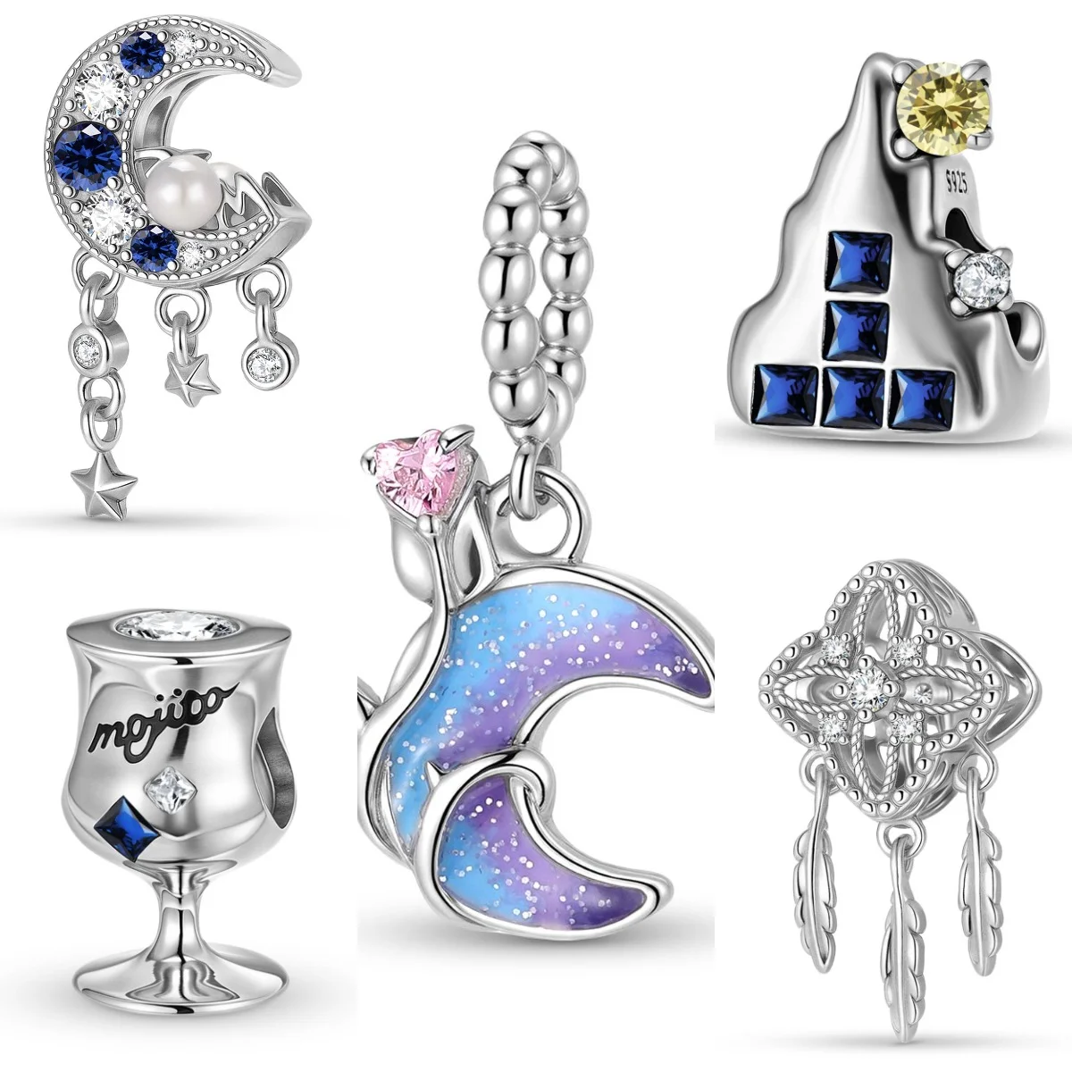 

925 Sterling Silver Butterfly Moon Flower Blue Starry Night of Van Gogh Zircon Charm Fit Original Bracelet Diy Accessories