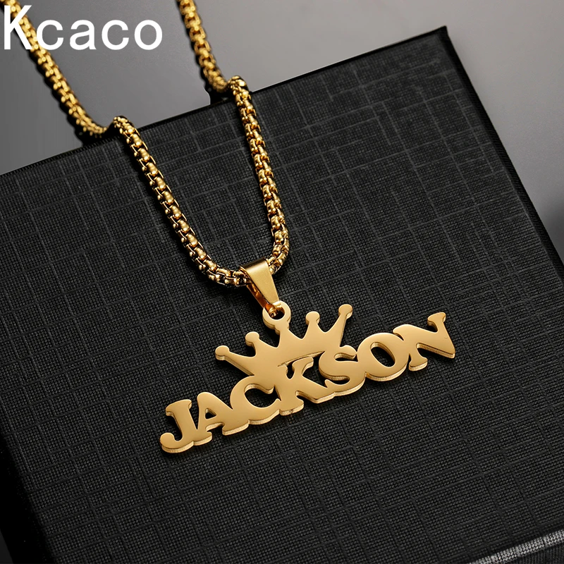 Kcaco Customized Name with Big Crown Pendant Necklace Stainless Steel Personalized Hiphop Thick Chain Nameplate Choker for Men