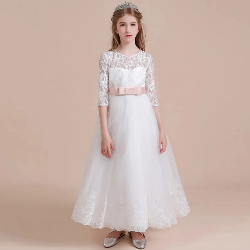 

Flower Girl Dresses White Tulle Flory Appliques With Pink Bow Half Sleeves For Wedding Birthday Banquet Princess Gowns