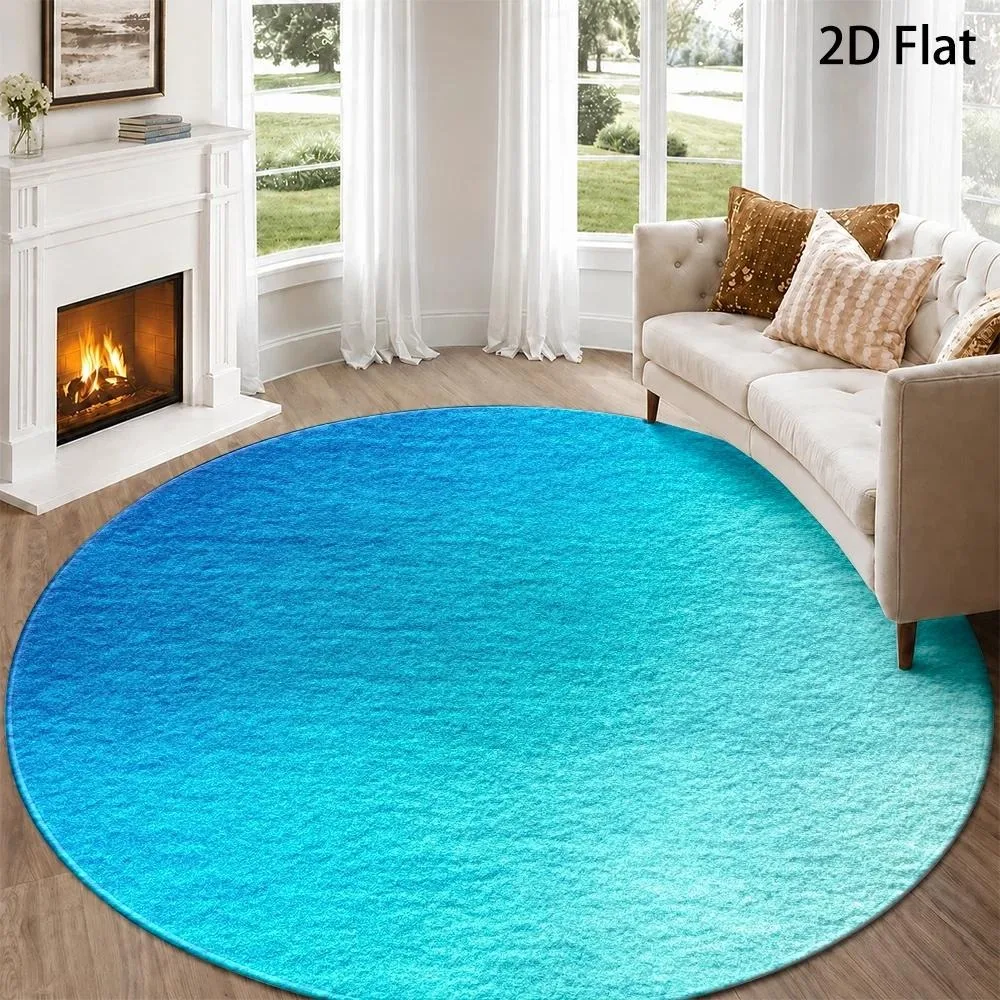 Blue Cyan Gradient Solid Round Rug Modern Ombre Monotone Shaded Tone Textured Print Circular Floor Mat for Living Room Bedroom