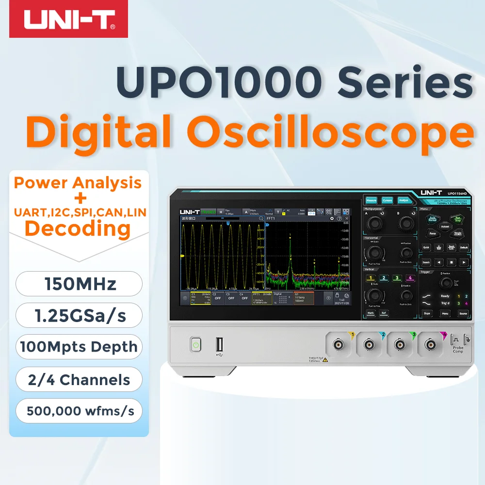 UNI-T UPO1000HD Series 12bit High-Res Oscilloscope | 150MHz 2/4CH with Power Analysis | UART/I2C/SPI/CAN/LIN Decoding