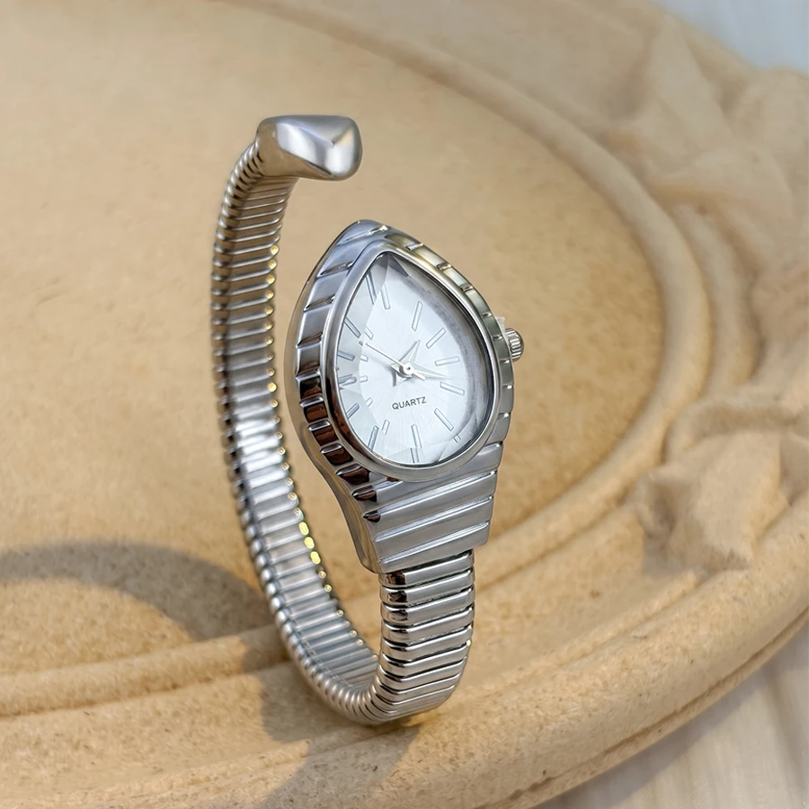 Ladies Watch: Waterdrop Case Single-Coil Snake Bangle Luxe Art Deco Inspired Timepiece view 5