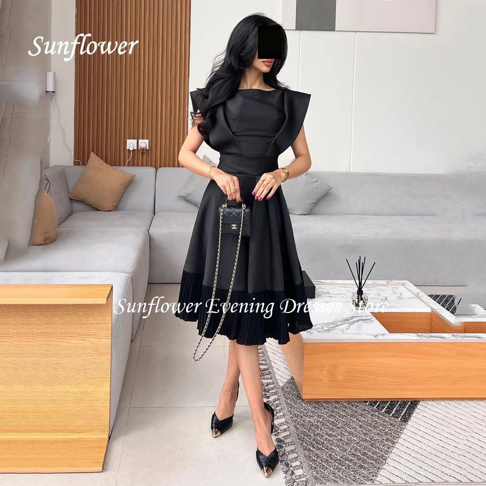 Sunflower Black O-Neck Satin A-LINE Prom Gowns 2024 High Quality Slim Pleat Short Sleeve Tea-Length Formal Evening Dress