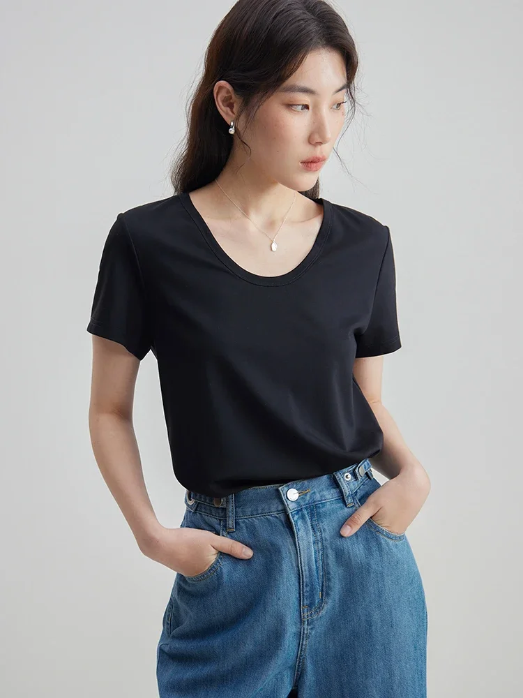 DUSHU Simple Solid U-neck T-shirt For Women Summer 2024  Front Shoulder Cool Women Black White Yellow Top 24DS82087