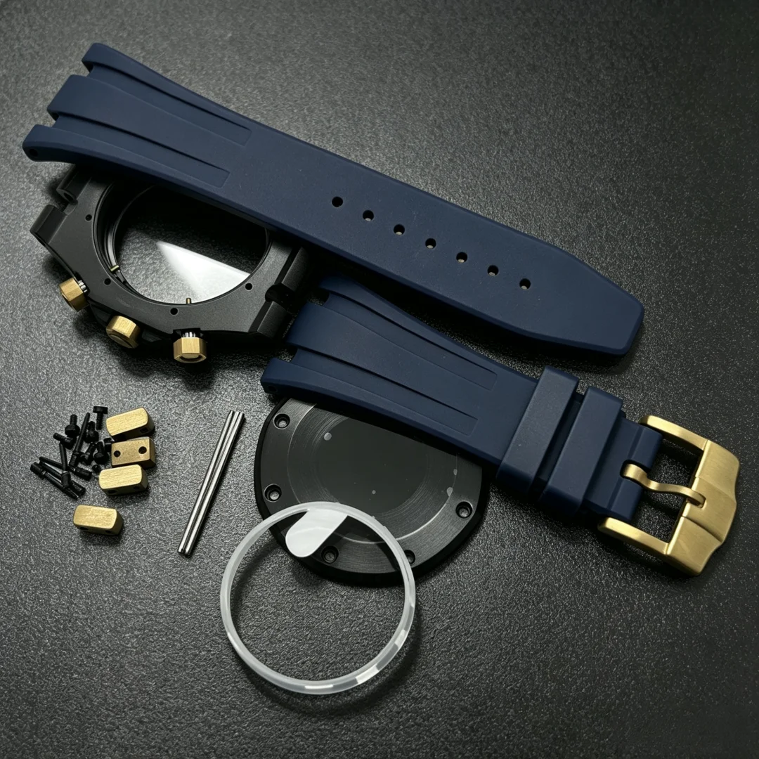 Black Rose Gold 41MM Rubber Steel Style Case Strap Watch Parts Buckle for Oak 31.8mm Dial VK63 Quartz Movement Watch Pointer Kit view 2