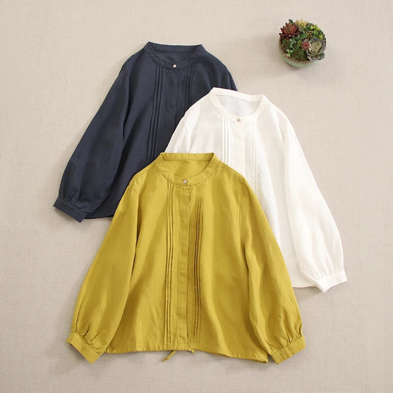 

Spring New Japanese Mori Girl Solid Color Cotton Linen Shirts Women O-Neck Long Sleeve Single Breasted Casual Loose Blouse Tops