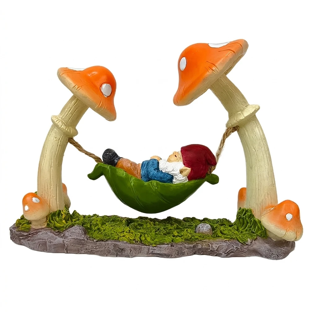 Resin Garden Gnome Ornament for Homeowners Fairy Mushroom Hammock Statue Weather Resistant Outdoor Patio Yard Decor Art