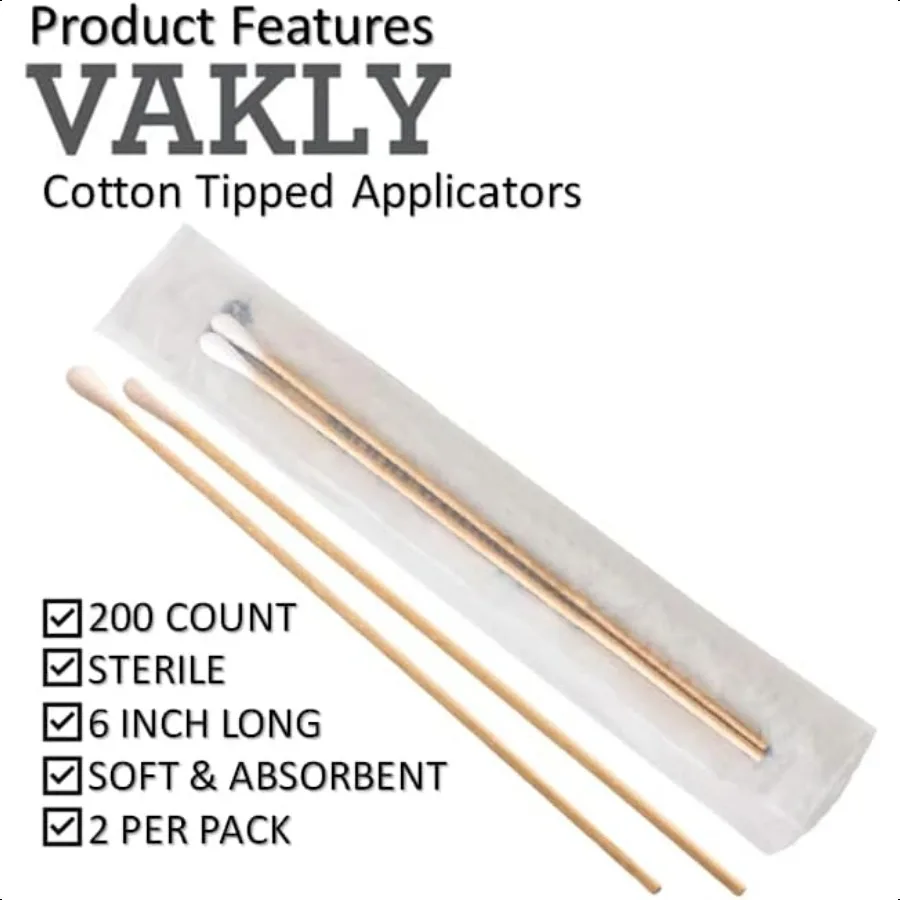 바클리 200개 멸균 면봉, 6개의 긴 6인치 나무 의료용 면봉, 샤프트와 부드러운 S가 있는 면봉