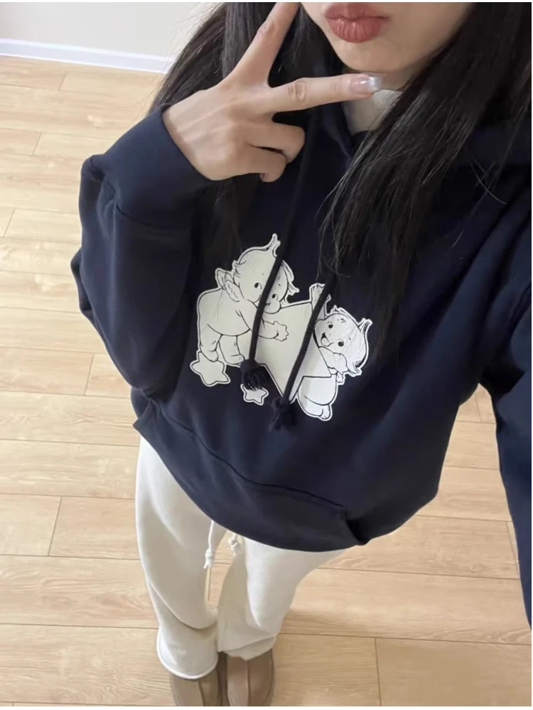 Casual Women Cotton Navy Cartoon Printed Hoodies 2023 Fall Vintage Long Sleeves Sweatshirts Female Loose Pullovers