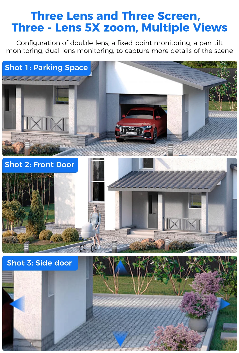Hiseeu Three Lens PTZ IP Camera Outdoor 8MP HD Three Screen WiFi Security Auto Tracking Dual Len Wireless CCTV Camera ICsee