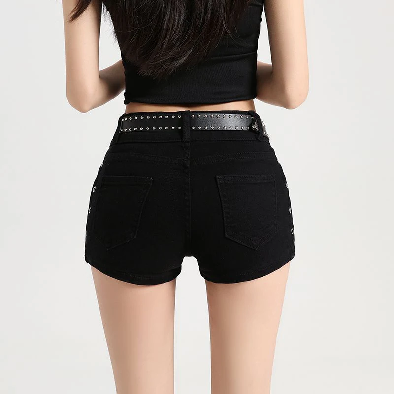 Women's Retro Fashion Girls' Slightly Stretch Streetwear Studded Black Jeans Summer Y2K Sexy Low-Rise Mini Denim Shorts