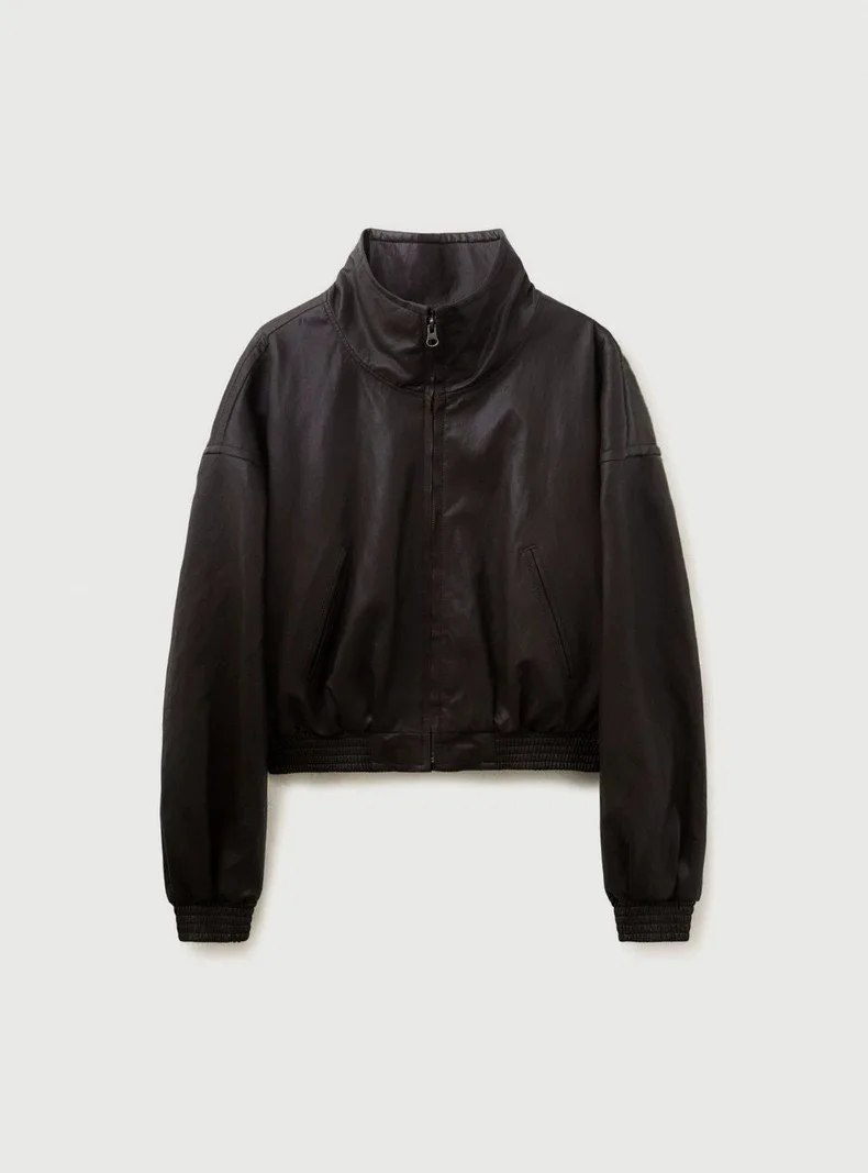 Sli ort Leather Jaet Women's Loose Fit Biker Sle Stand Collar Autumn Winter New Arrival Faionable Outerwear