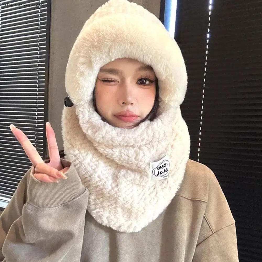 

Fashion Plush Winter Integrated Scarf Cap 4 in 1 Soft Pullover Mask Cap Big Head Circumference Thickened Mask Woolen Hat Men