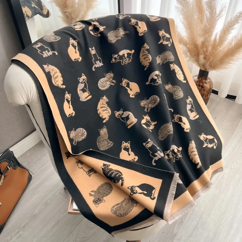 2025 Latest Animal Jacquard Cats Scarf Imitation Cashmere Soft Warm Fringe Shawl Autumn Winter Coldproof Windproof Blanket Scarf