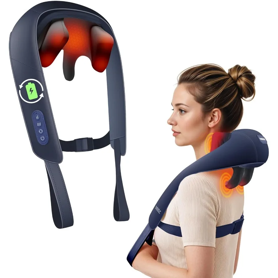 

Беспроводной массажер для шеи и плеч с успокаивающим нагревом для глубокого облегчения: улучшенная 4D массажная терапия шиацу для глубокого разминания для B