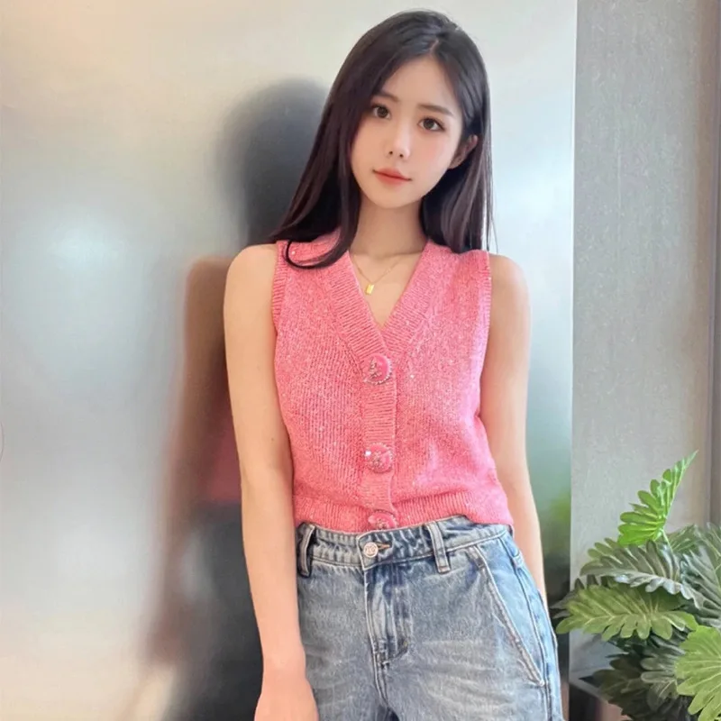 

Модный розовый вязаный открытый кардиган, женский жилет, маленький дизайн, лето 2023, модный утягивающий возрастной размер ort