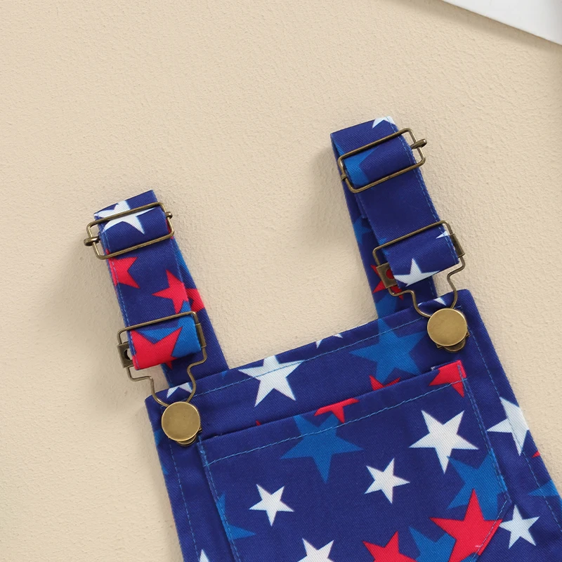 여아 남아용 별 프린트 작업복, 스퀘어 넥, 조절 가능한 스트랩, 유아용 여름 반바지, 7 월 4 일 서스펜더