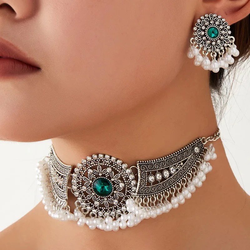 Vintage Jewelry Set Rhinestone Choker Necklaces Earrings For Women Simulated Pearl Beads Tassel Wings Shaped Jewelry Sets view 5
