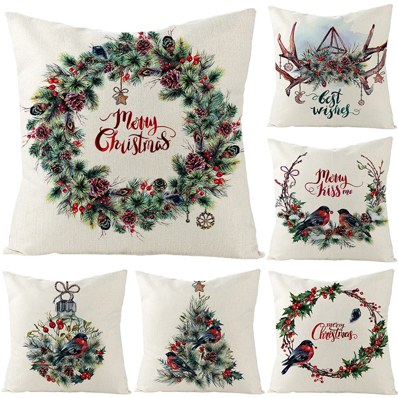 

Christmas Pillow Cover Pine Branch Wreath Birds Cushion Cover Christmas Home Decorative Pillowcase Linen Throw Pillow Case 45*45