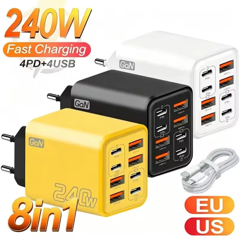8 in 1 GaN USB C Desktop Charger 240W Fast Charge Phone Adapter Type C Cable For iPhone Samsung Xiaomi EU/US/UK Plug Charger
