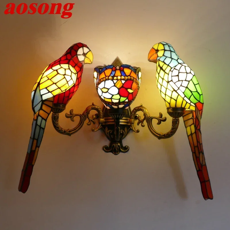 

AOSONG Tiffany parrot Wall Lamps American countryside Children's room Homestay Villa Hotel Stained Glass Animal Decoration Lamp