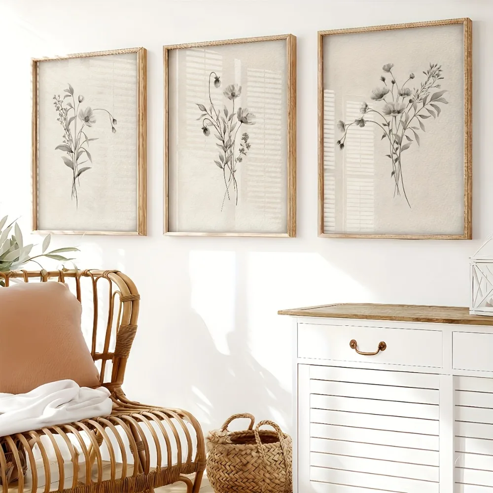3-teiliger Rahmenloser Leinwanddruck im Französischen Landhausstil, Schwarz-Weiß Retro Pflanzen- und Blumendesign, Zeitgenössische Wohnzimmerdekoration