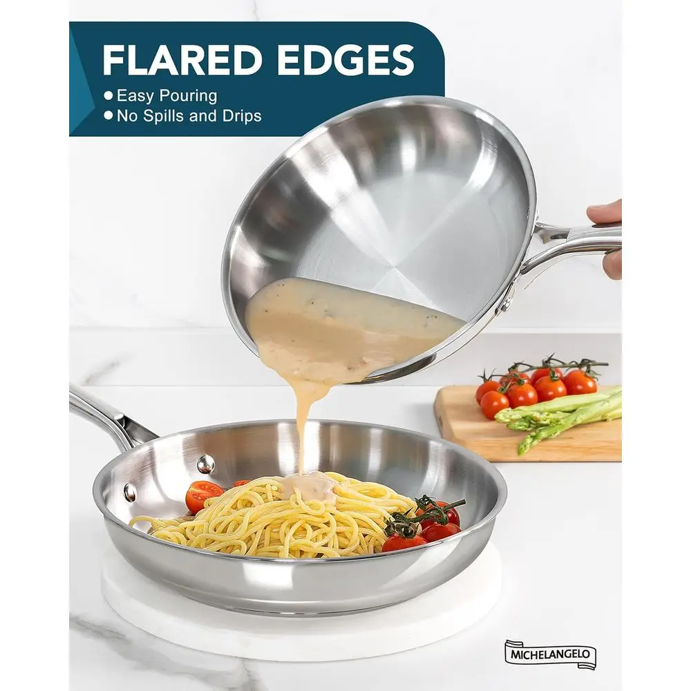 Juego de sartenes para freír de acero inoxidable de triple capa, 8, 9,5 y 11 tamaños, mango ergonómico, listo para inducción