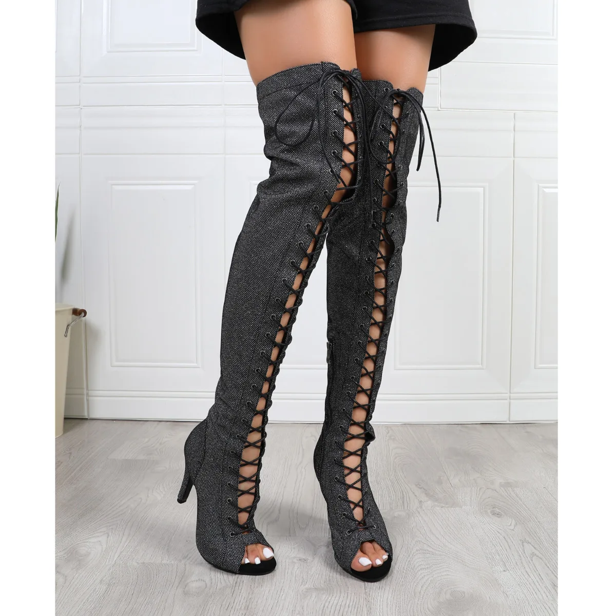 Women Heels  Over the knee Long Boots Lace-up Stilettos Jazz Dance Female Shoes Latin Dancing Outdoor Sexy Stilettos Booties