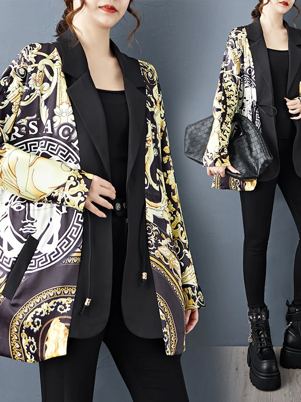 패셔너블한 한국 스타일 프린트 패치워크 실크 수트 재킷 여성용 가을 신상품 브랜드 아우터웨어