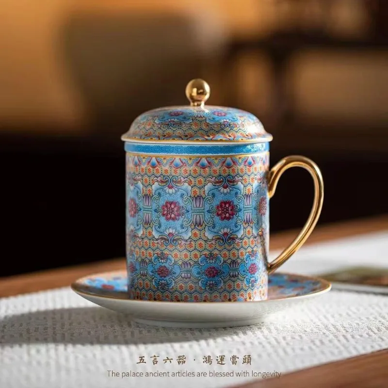 New Chinese ceramic teacup set, enamel color men's and women's high-end gift box for elders