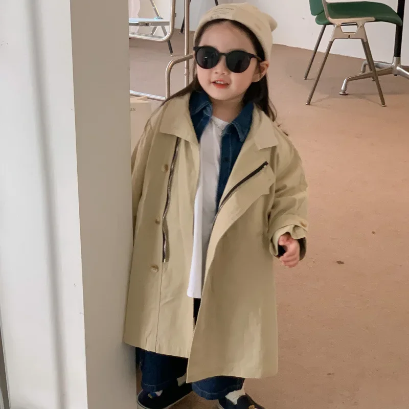 Trench Girls Windbreaker Korea Autumn Children Clothing Coat Korean Middle Length Overcoat Turn Collar Pocket Button