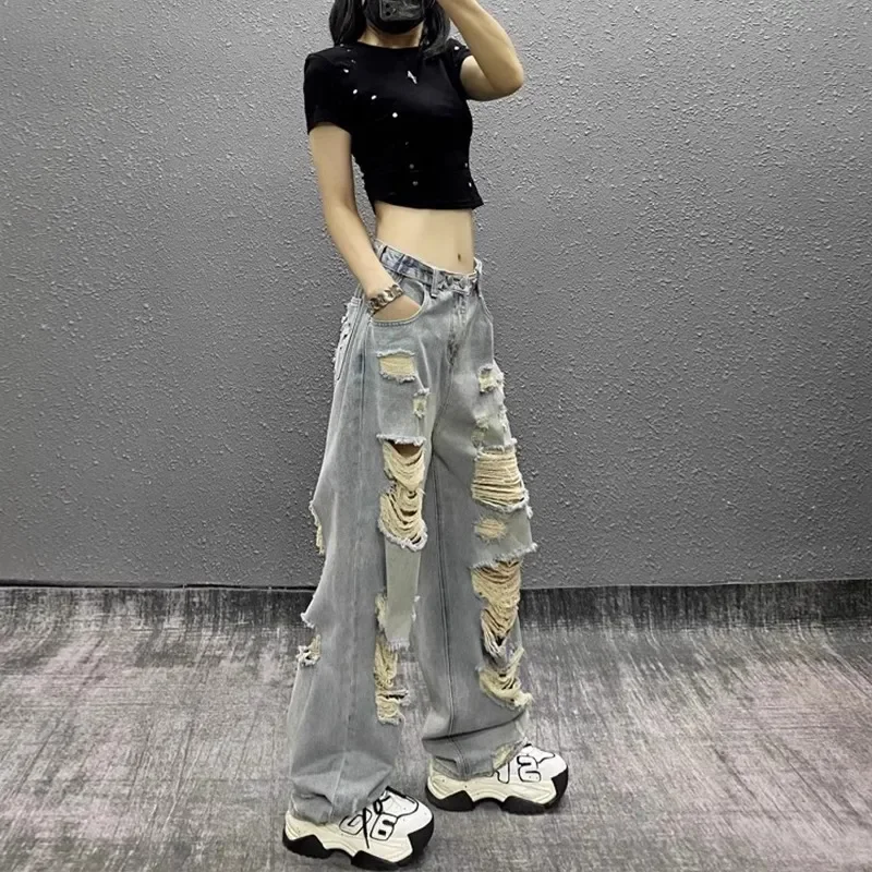 

Ripped Jeans Women's 2025 Spring Summer New High Waist Plus Size Pear Shape Body Loose Slimming Denim Straight Leg Pants